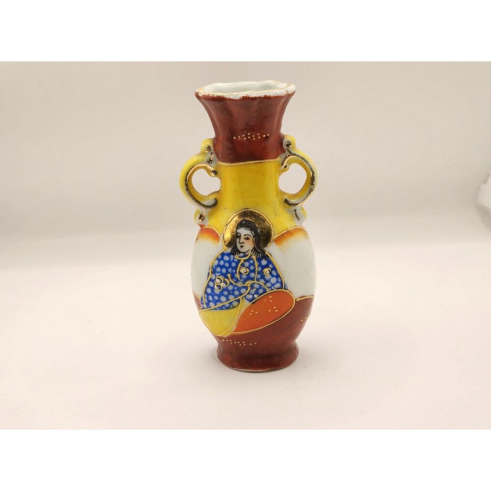 Occupied Japan Satsuma Style Mini Double Handle Vase Geisha Figural Yellow